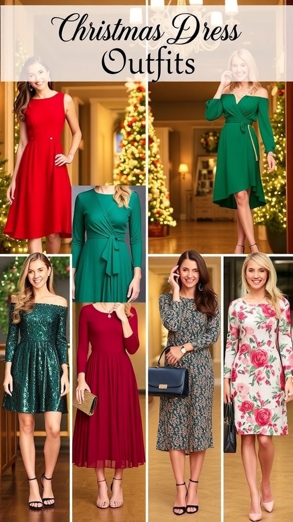 A collection of stylish Christmas dresses for women with accessories, displayed in a festive setting.